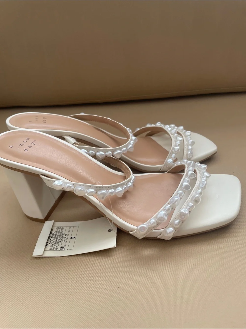 a new day Pearl-Embellished Cream Strappy Mules